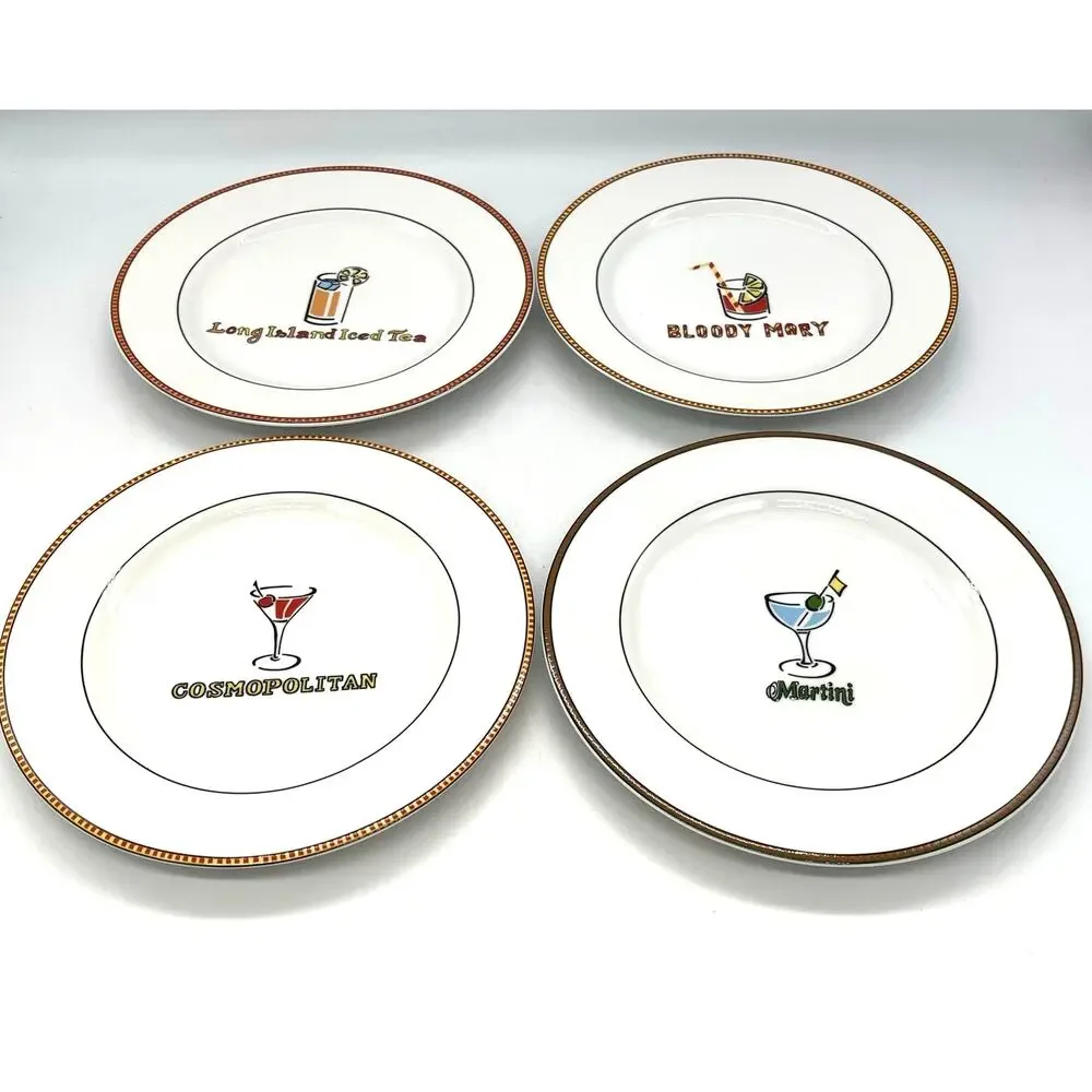 Ten Strawberry Street Set of 4 Tavern Cocktail Plates with Drink Recipes 7.75